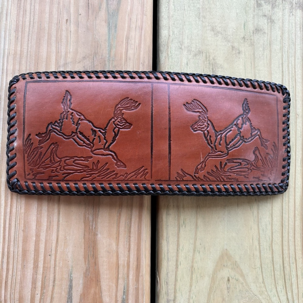 Vintage Bi-Fold Leather Wallet Whipstitch Hunting Deer Buck Doe Hand Tooled USA